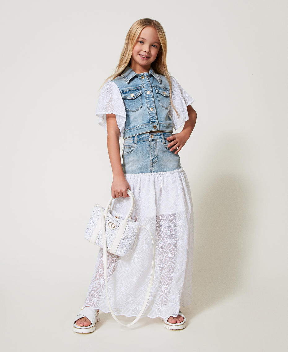 Long denim and embroidered tulle skirt Two-tone Light Denim/Ice Girl 251GJ2523_12279_T0