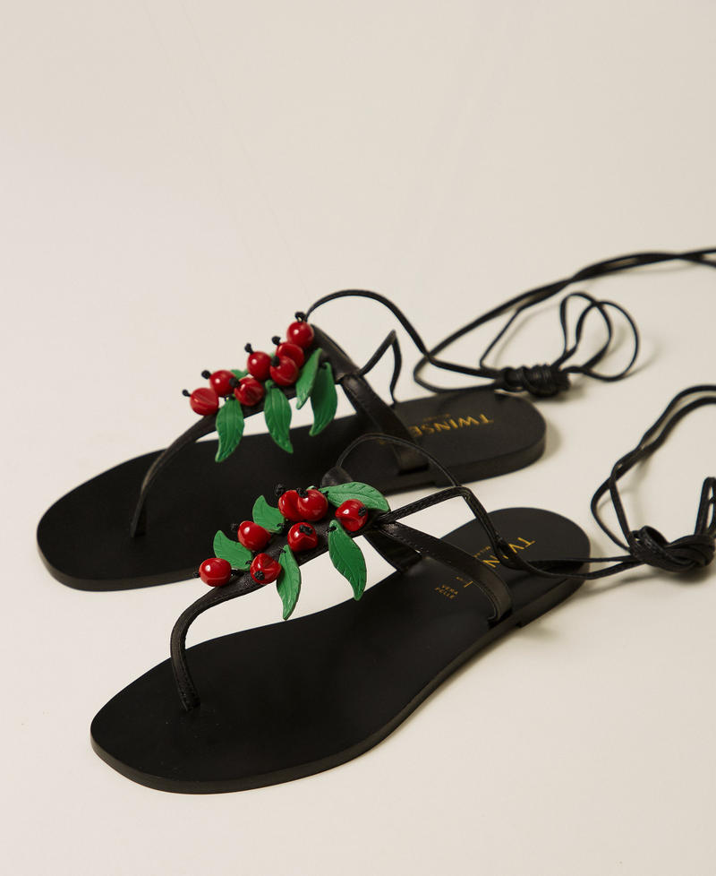 Leather thong sandals with cherries Black Woman 261TGT100_00006_02