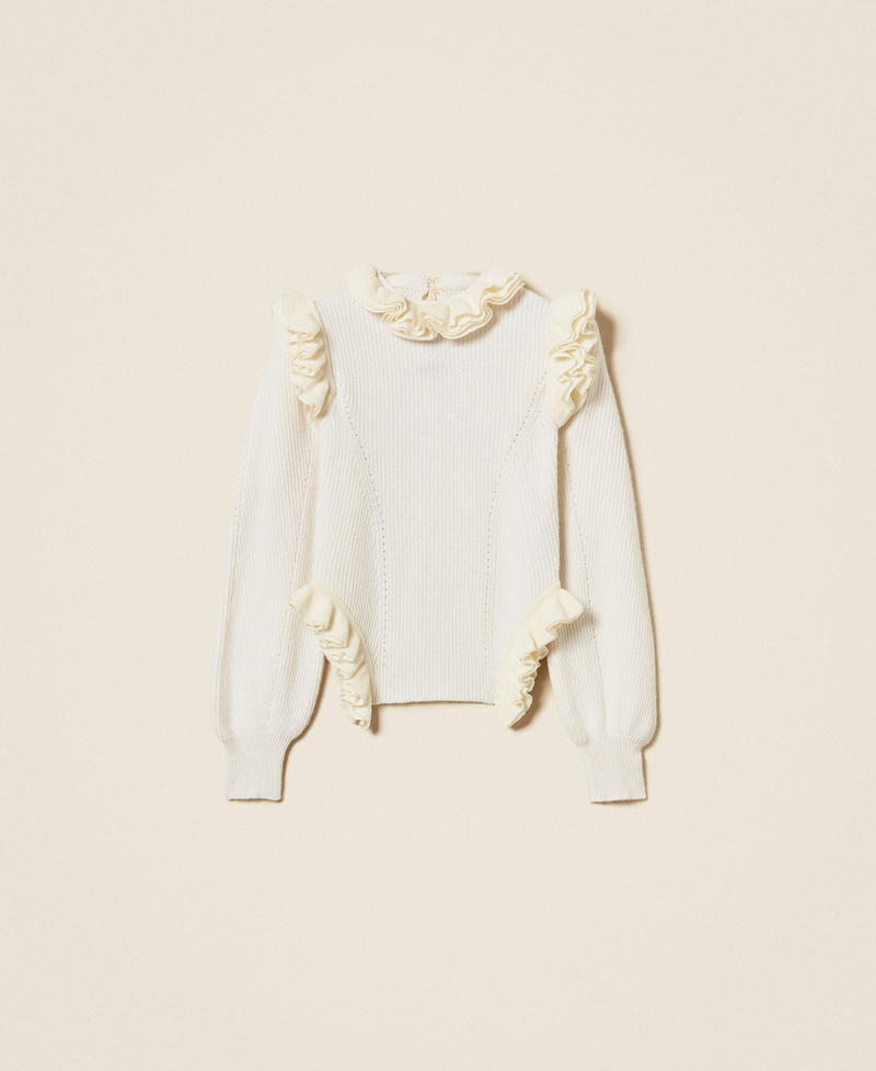 Dopasowany sweter z mieszanki wełny z falbaną Śnieżnobiały Kobieta 252TS3020_00282_S0