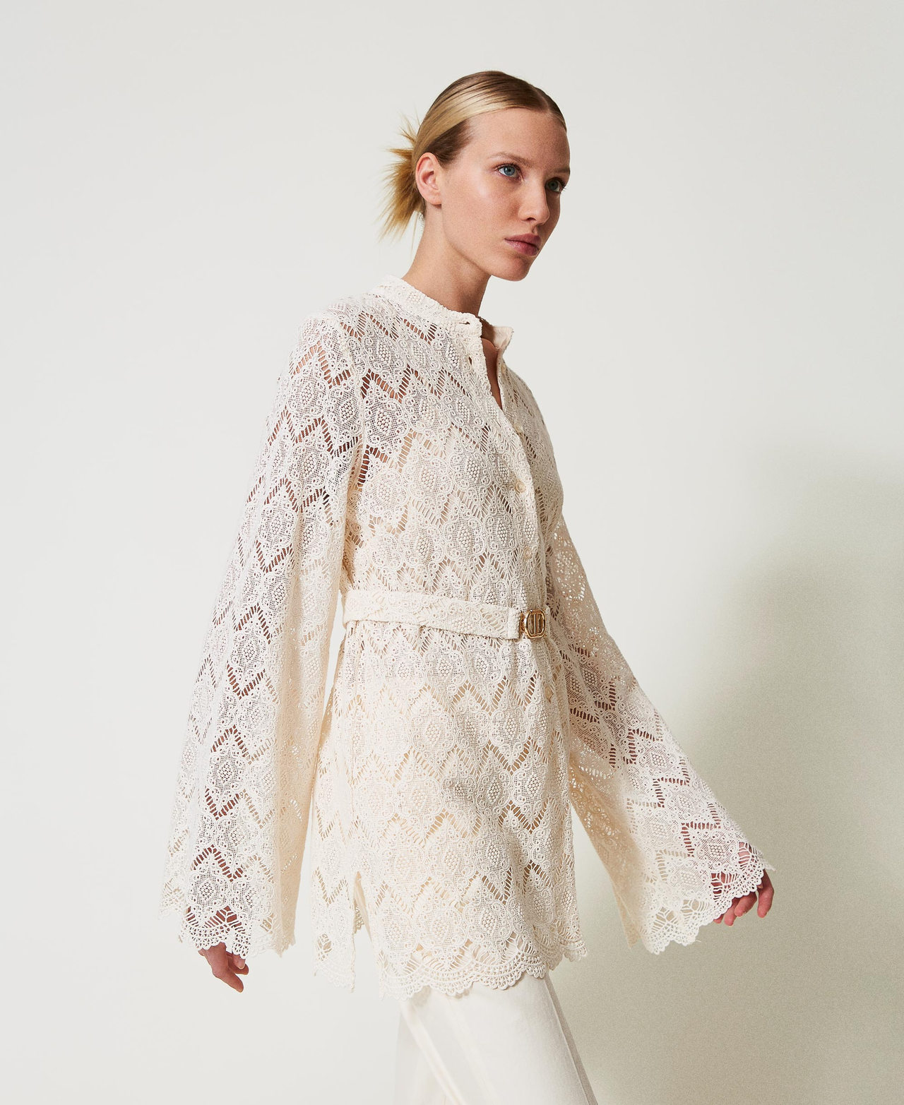 Maxi macramé lace shirt Woman, Beige | TWINSET Milano