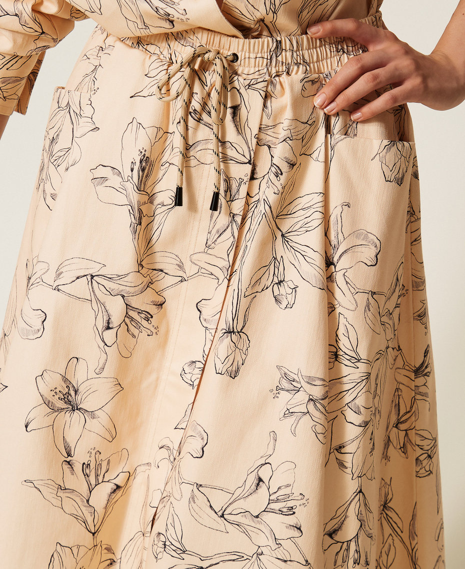 Midi bull skirt with floral print "Crystal Sand" Beige/Black Flock Print Woman 262LI2MBB_13908_04
