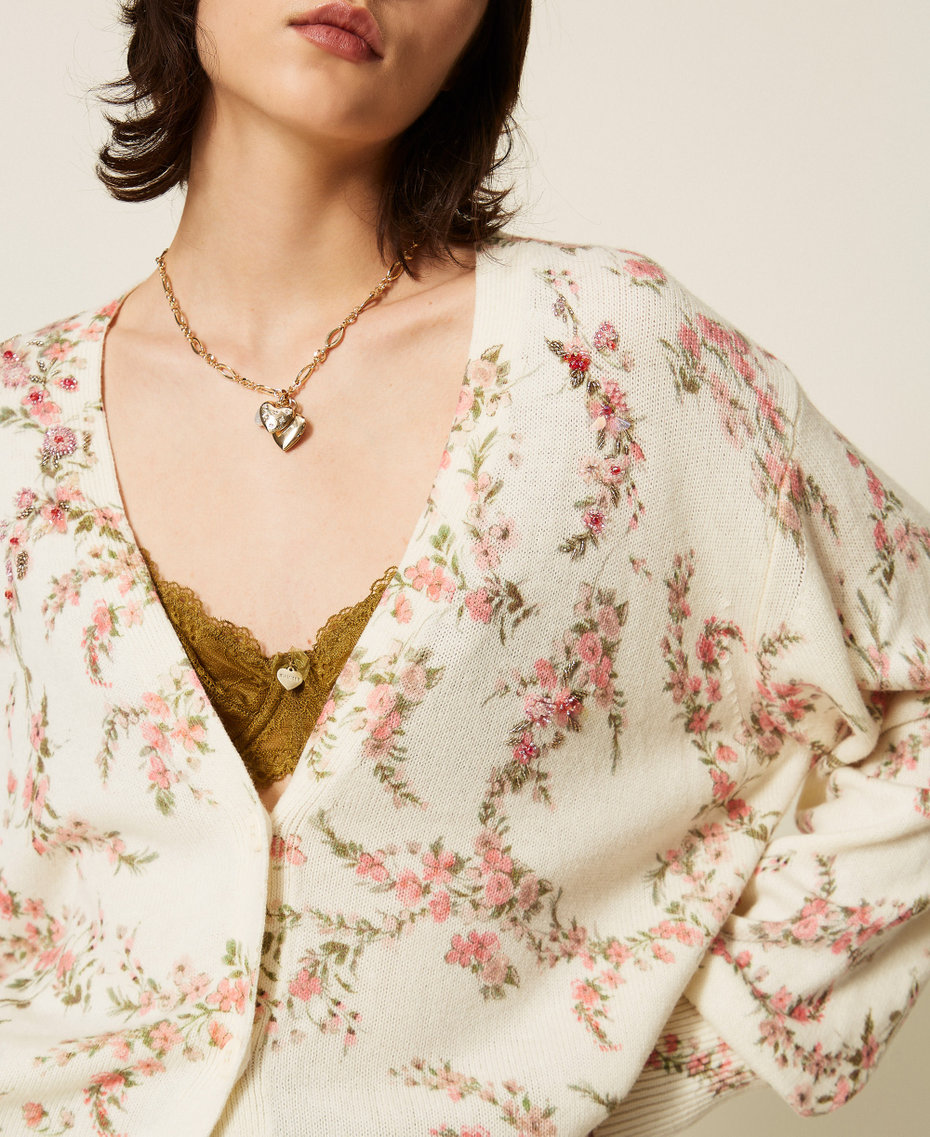 Wool blend knitted maxi cardigan with floral pattern "Snow" White Multicolour Floral Print Woman 262TP3431_13952_04