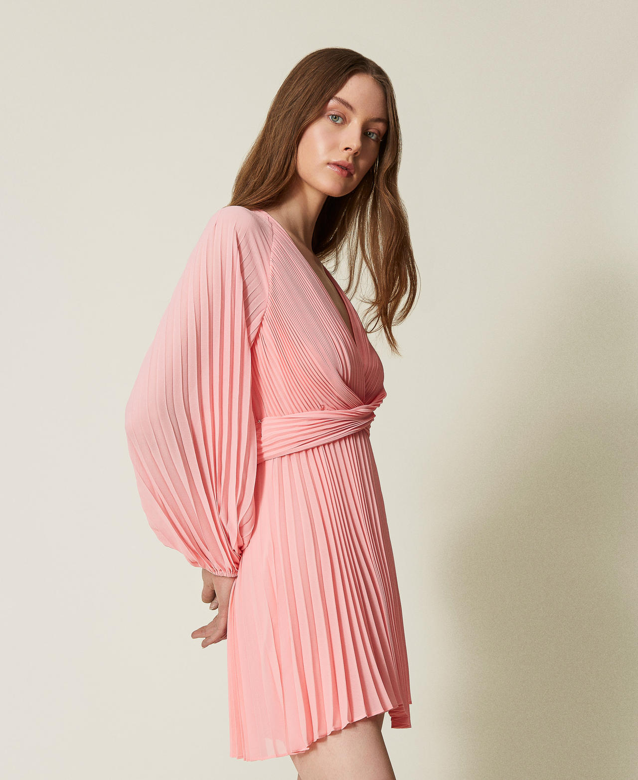 Short pleated georgette dress Peach Woman 251TP2334_12142_02