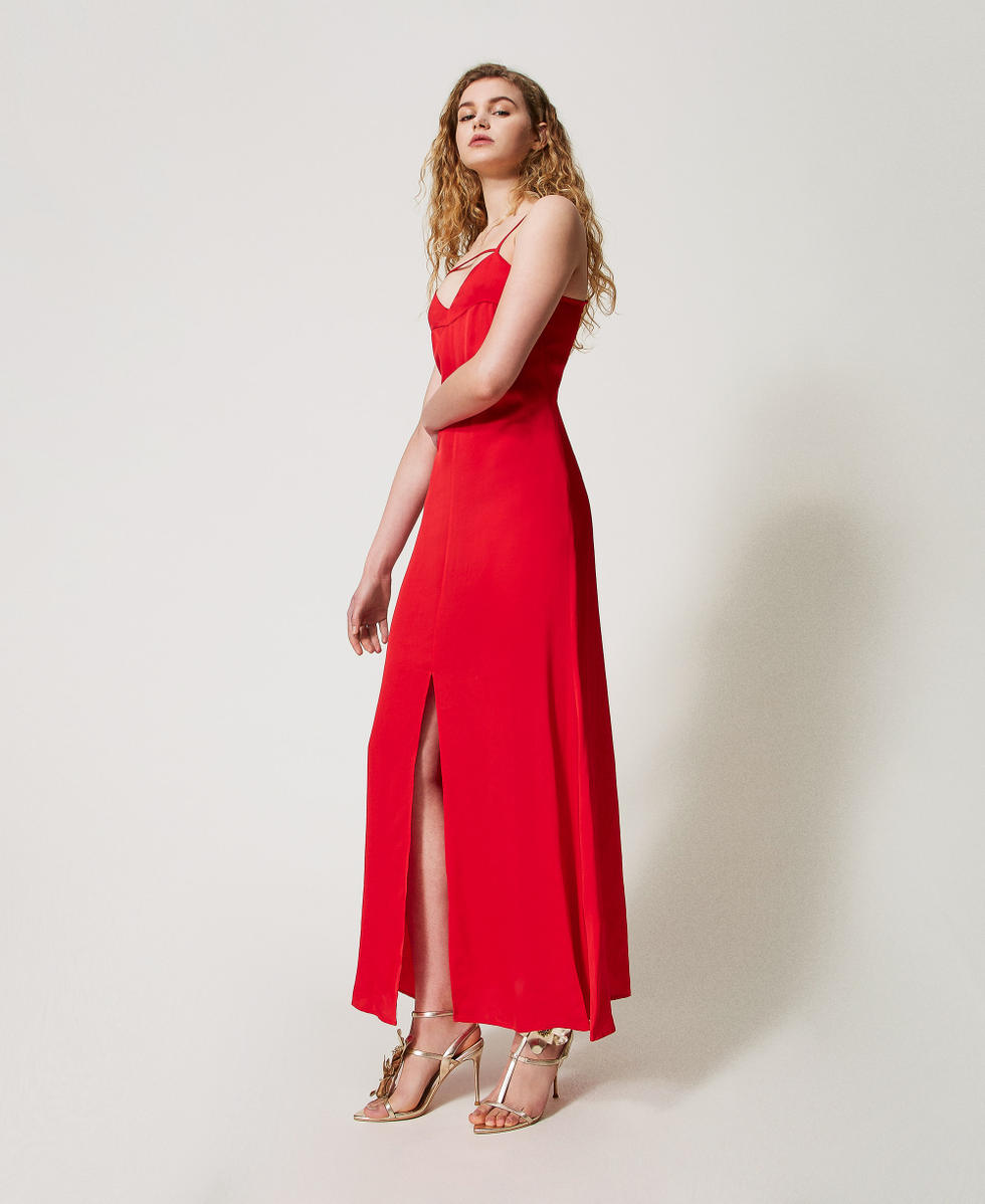 Robe longue en cr&ecirc;pe de satin Hibiscus Red Femme 251TT2190_12365_02