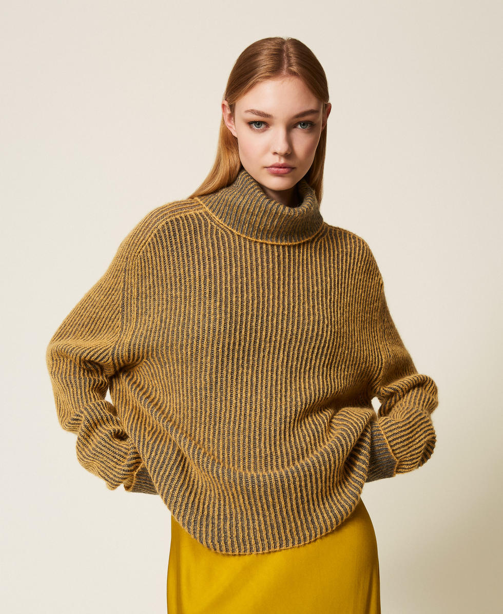 Pull col roulé en laine mélangée vanisée Jaune « Mustard »/Gris Foncé Chiné Femme 252TF3010_12999_01
