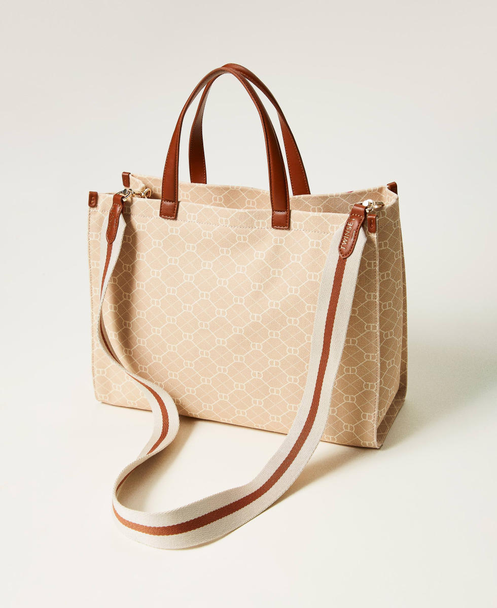 Canvas shopper bag with flower print Delicate Beige Flowers Print Woman 251TB7082_12277_03