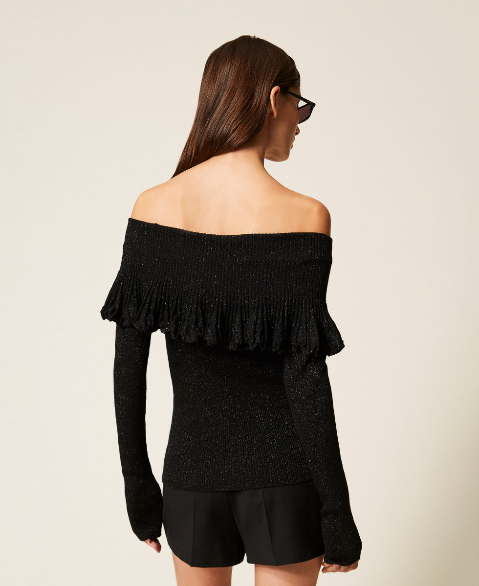 Pull &eacute;paules d&eacute;nud&eacute;es avec volant Noir Lurex Femme 252LL3LEE_12957_03