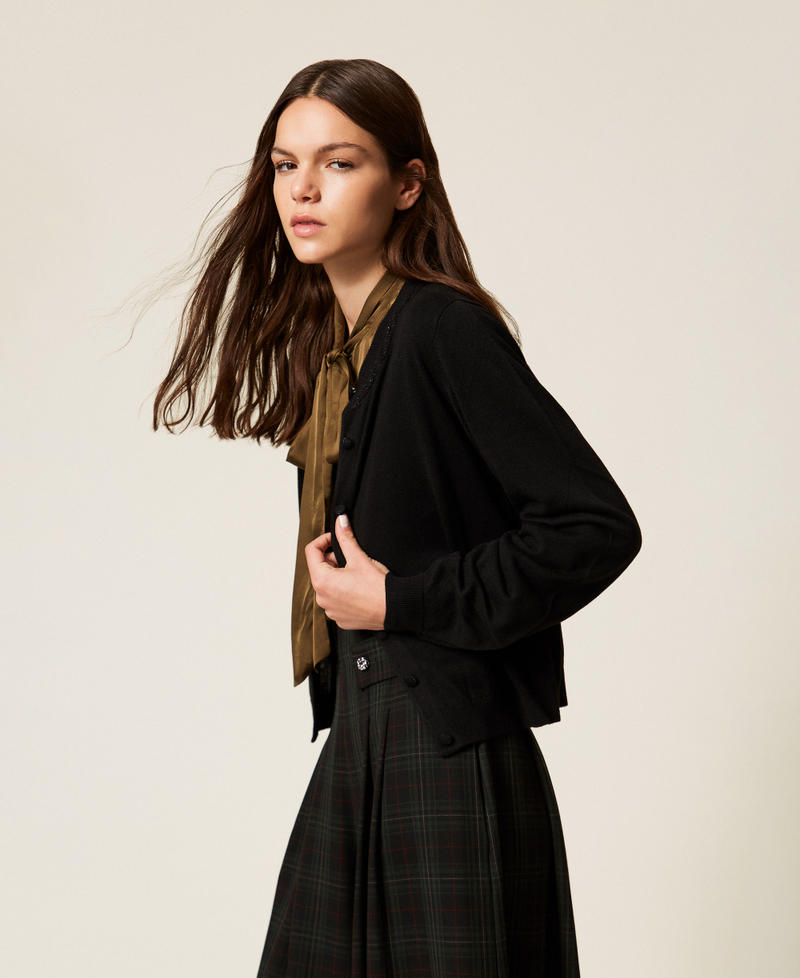 Lurex crew neck cable knit cardigan Black Woman 252LL3NAA_00006_01