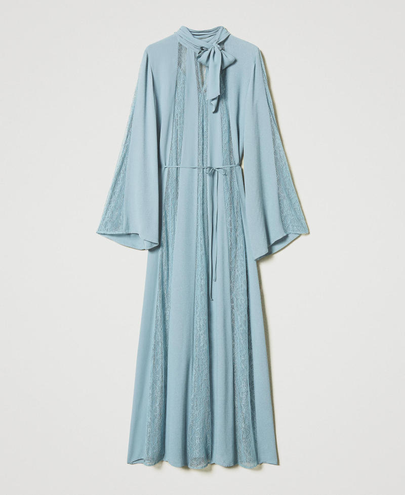 Long cr&ecirc;pe and Chantilly lace dress Dusty Blue Woman 251TP2411_00485_S0