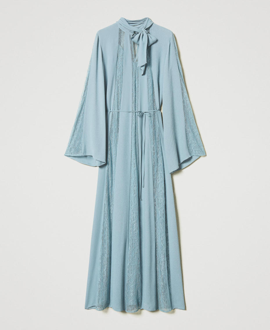 Long cr&ecirc;pe and Chantilly lace dress Dusty Blue Woman 251TP2411_00485_S0
