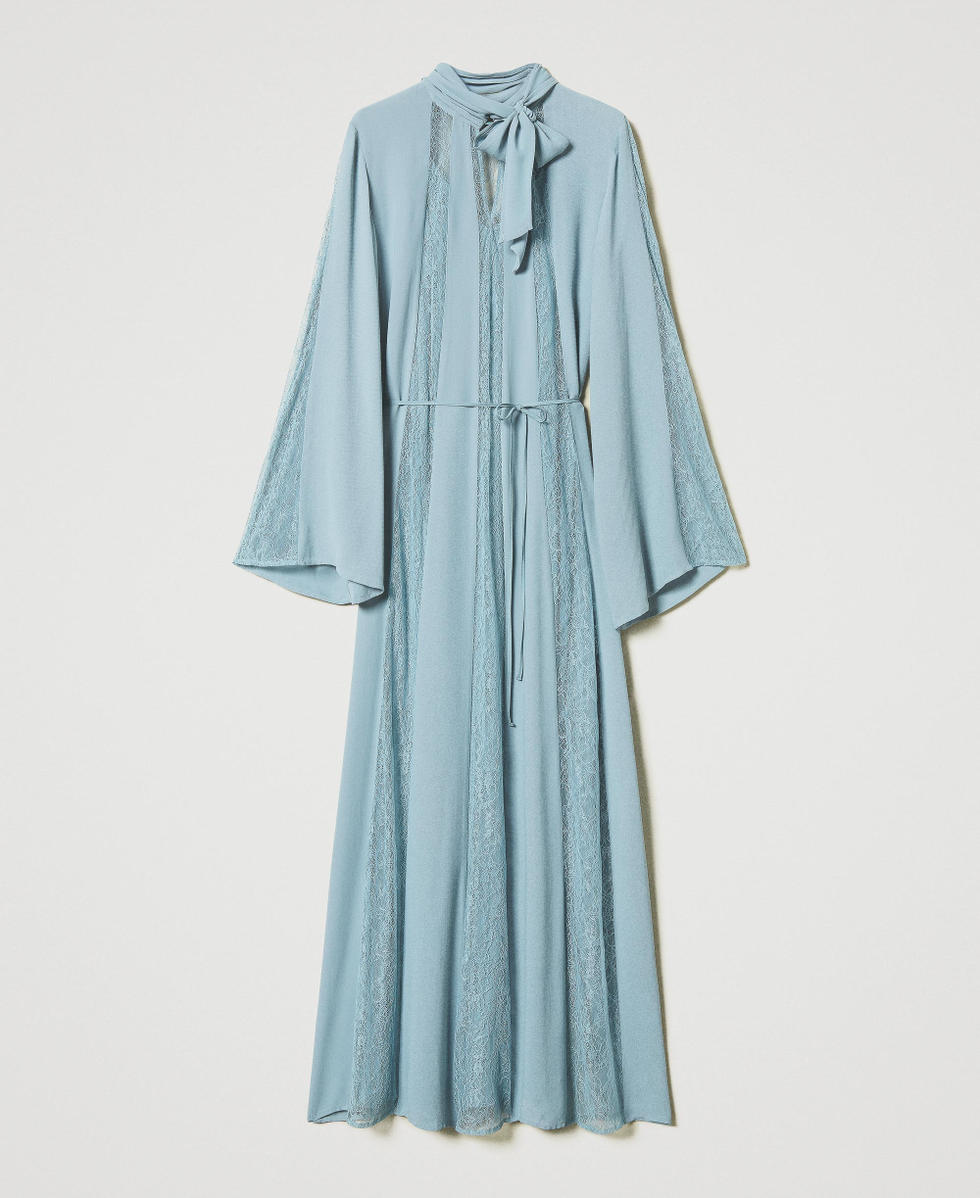 Robe longue en cr&ecirc;pe et dentelle de Chantilly Gris &laquo;&nbsp;Bleu Layette&nbsp;&raquo; Femme 251TP2411_00485_S0
