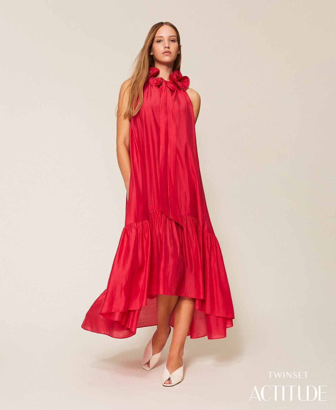 Long voile dress with ruffles Magenta Red Woman 261AP2185_13160_PA