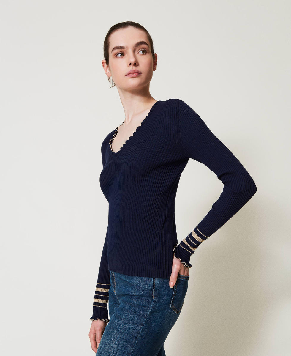 Pull c&ocirc;tel&eacute; avec rayures lurex Bicolore Blue Night/Beige &laquo;&nbsp;Rope&nbsp;&raquo; Lurex Or Femme 251TP3422_12335_02