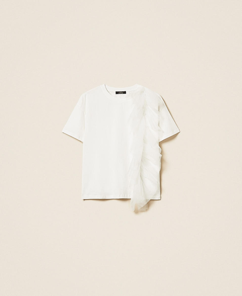 T-Shirt im Regular-Fit mit T&uuml;ll Mattwei&szlig; Frau 261AP2165_00526_S0