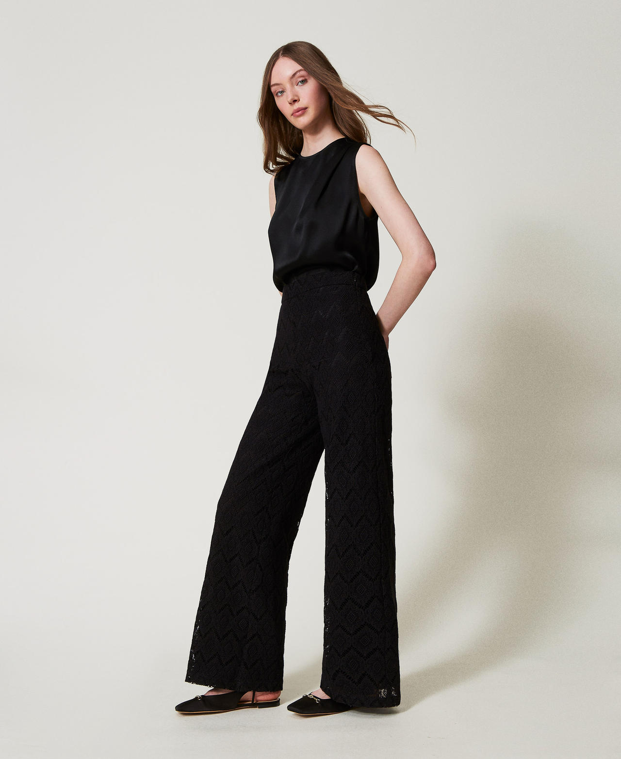 Macramé lace wide leg trousers Black Woman 251TP2409_00006_02