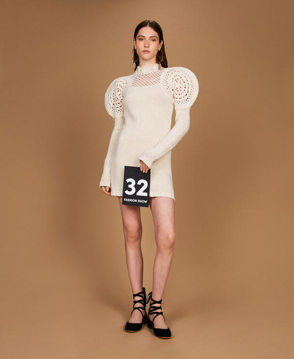 Short wool knit dress with crochet work