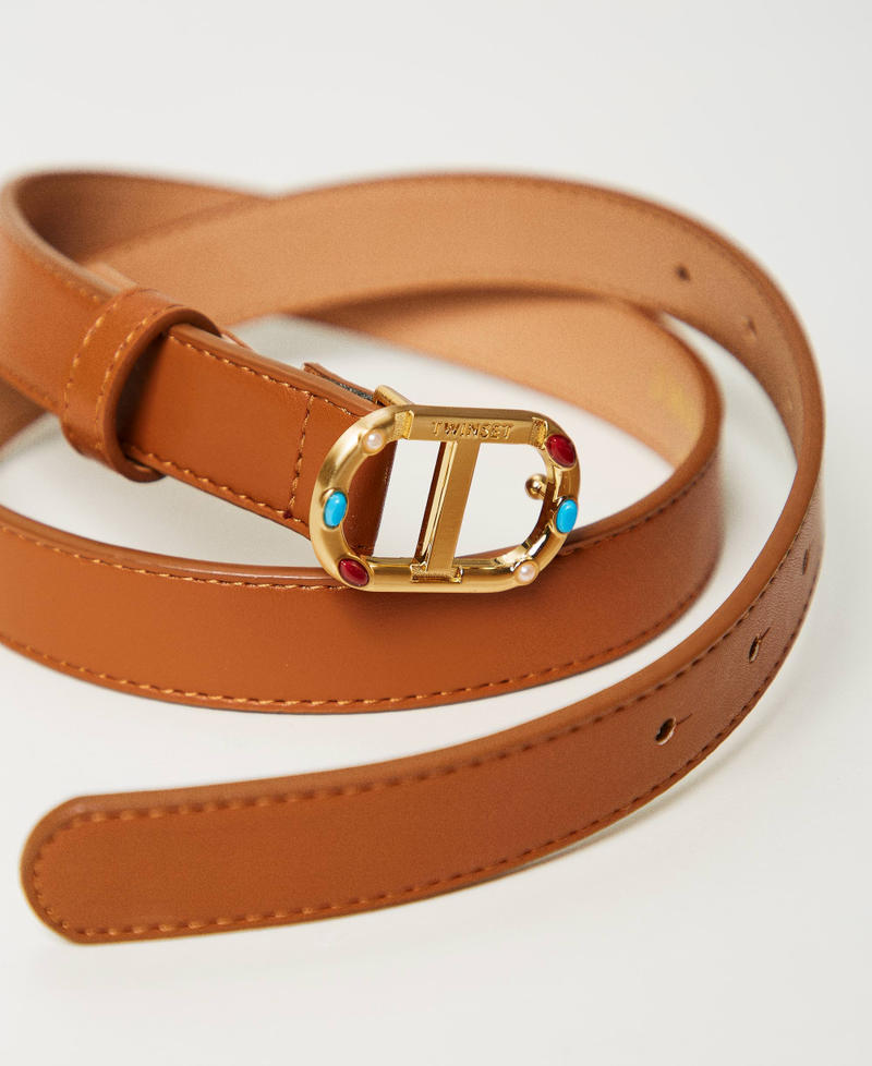 Belt with Oval T buckle with rhinestones Leather Brown Woman 251TO5390_00057_02