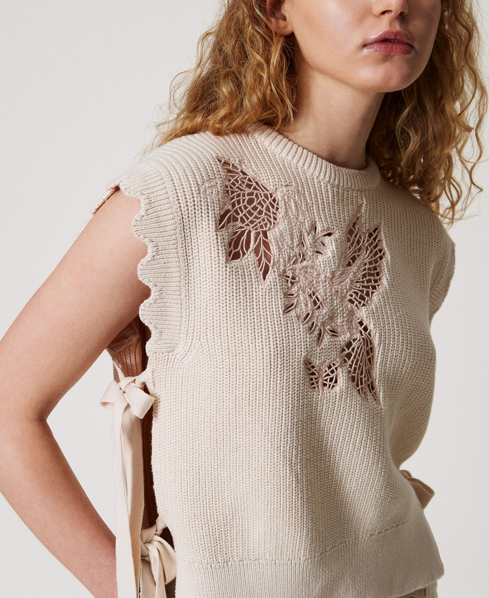 Top en maille avec broderie et lacets Light Natural Femme 251TP3580_12227_04