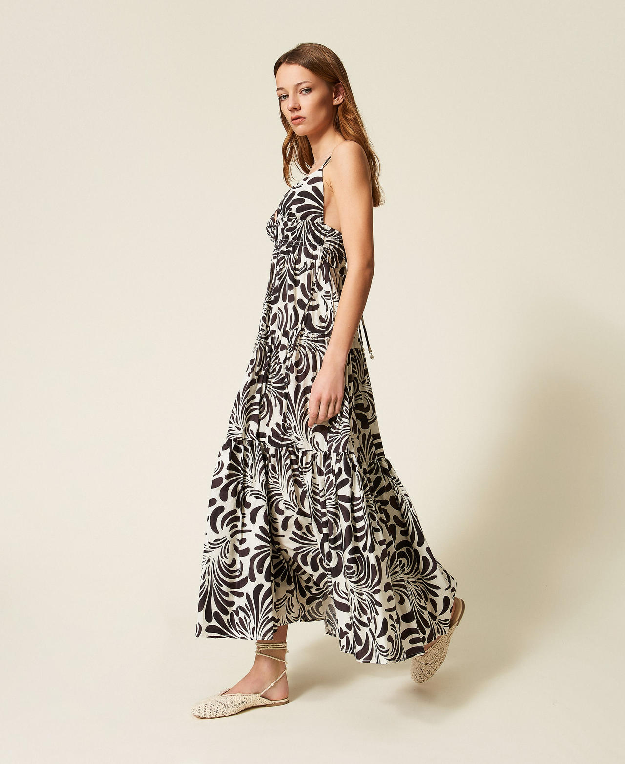 Long printed poplin dress Coffee Choc/Off White Botanical Print Woman 261LM2QEE_13467_02