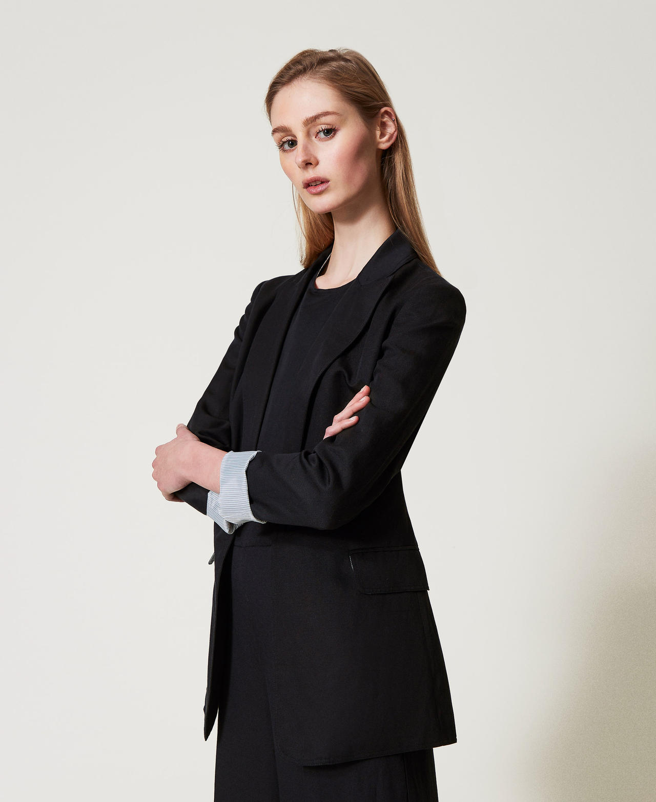 Linen blend single-breasted jacket Black Woman 251TE2140_00006_02