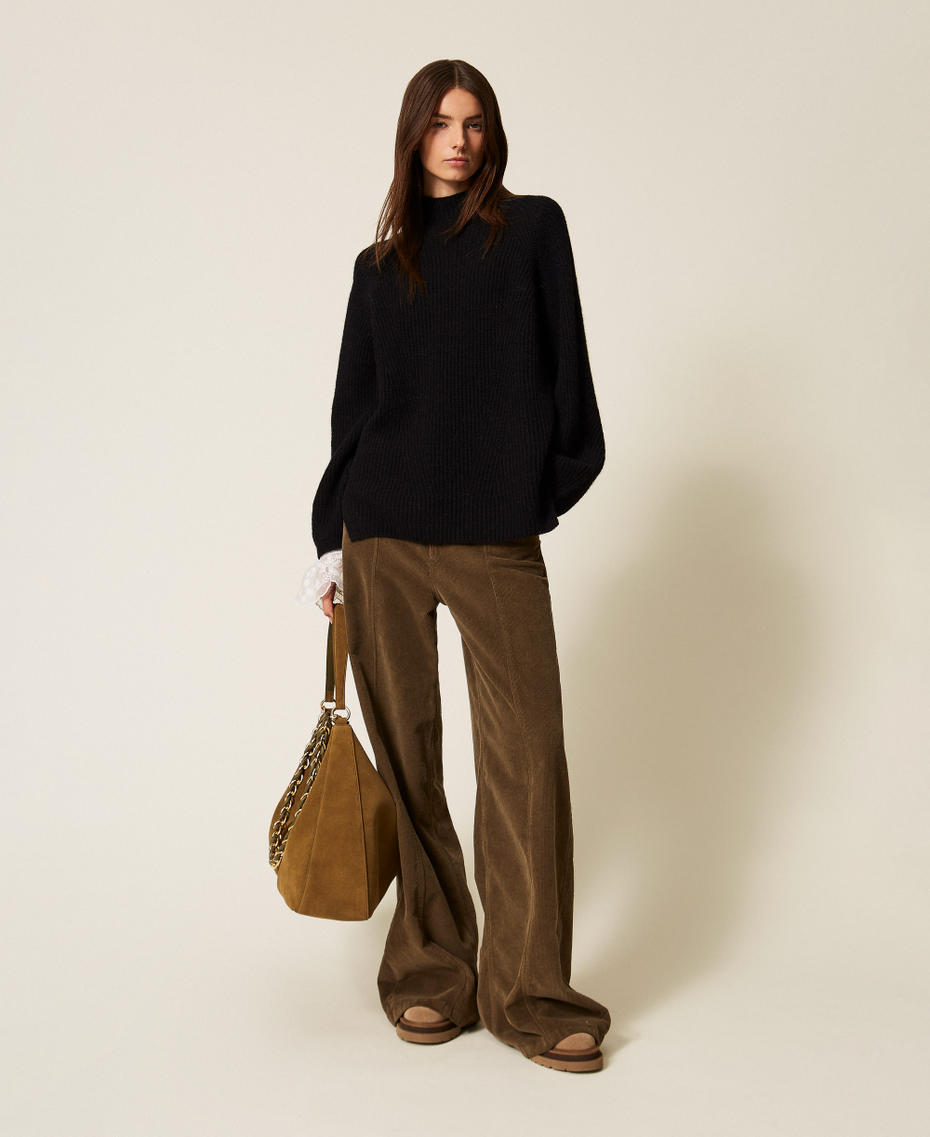 Pull col montant en laine mélangée avec Oval T Noir Femme 252TT3064_00006_T0