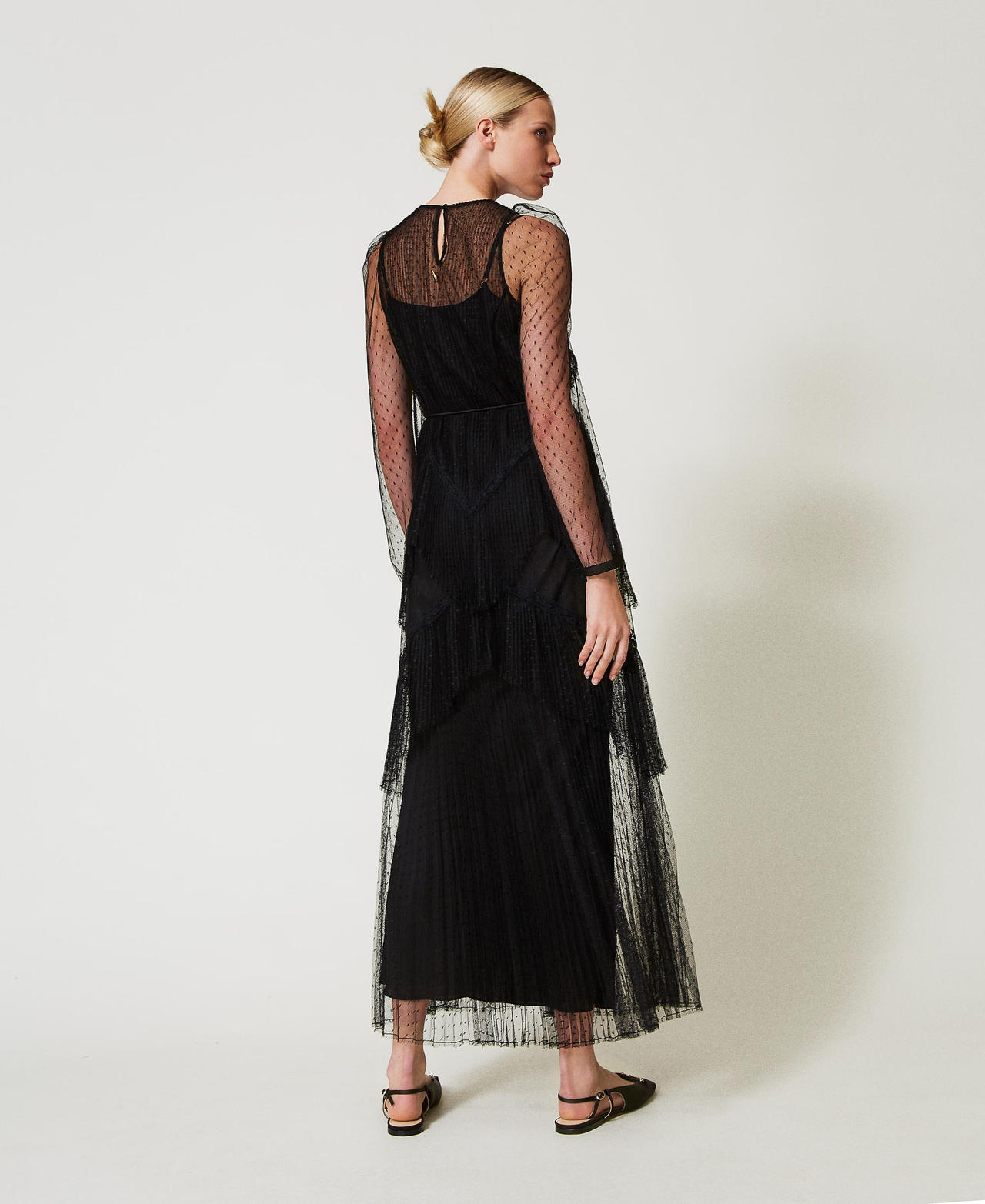 Long tulle dress with pleated flounces Black Woman 251TP2510_00006_03