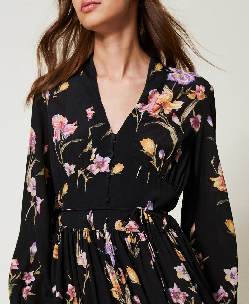 Short cr&ecirc;pe de Chine floral dress Multicolour/Black Iris Print Woman 251TP2773_12328_04