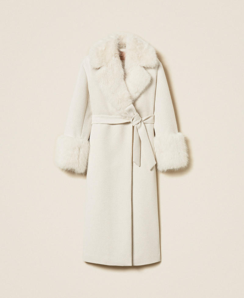 Langer Mantel aus Tuch mit Kunstpelz Fil-à-Fil Schnee / Silver Frau 252TT2040_12968_S0