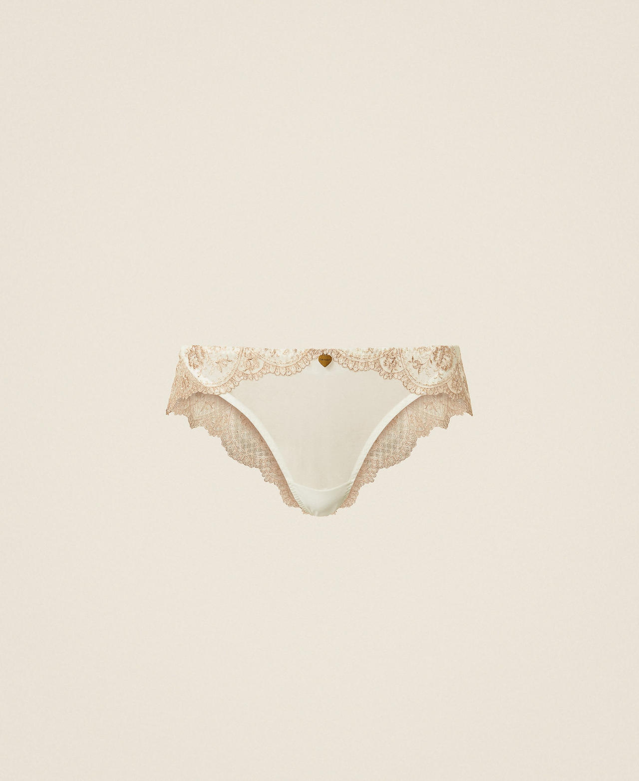 Twinset Women's Two-Tone Off White/Wonder Beige Tulle And Lace Brazilian Briefs