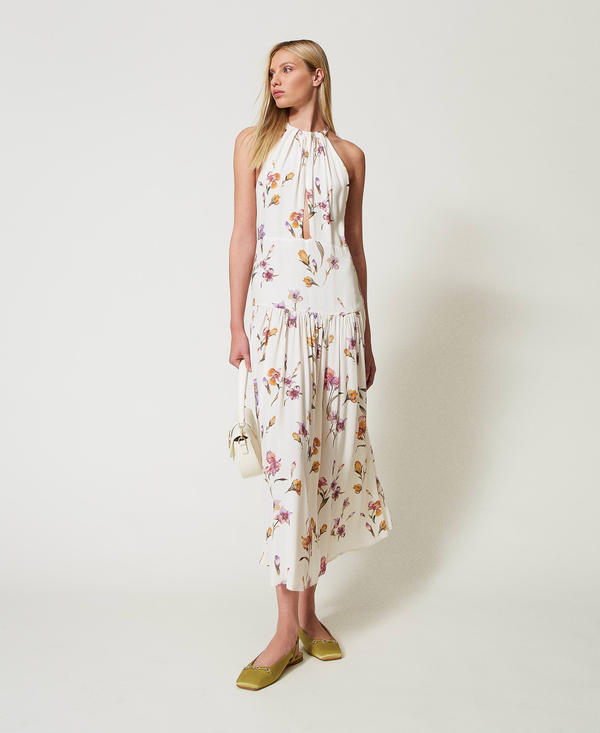 Robe longue encolure américaine en crêpe de Chine floral