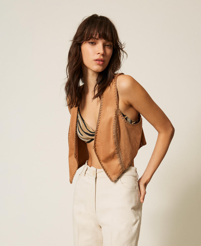 Suede waistcoat with embroidery "Hazelnut&rdquo; Brown Woman 261LB2MAA_10282_01