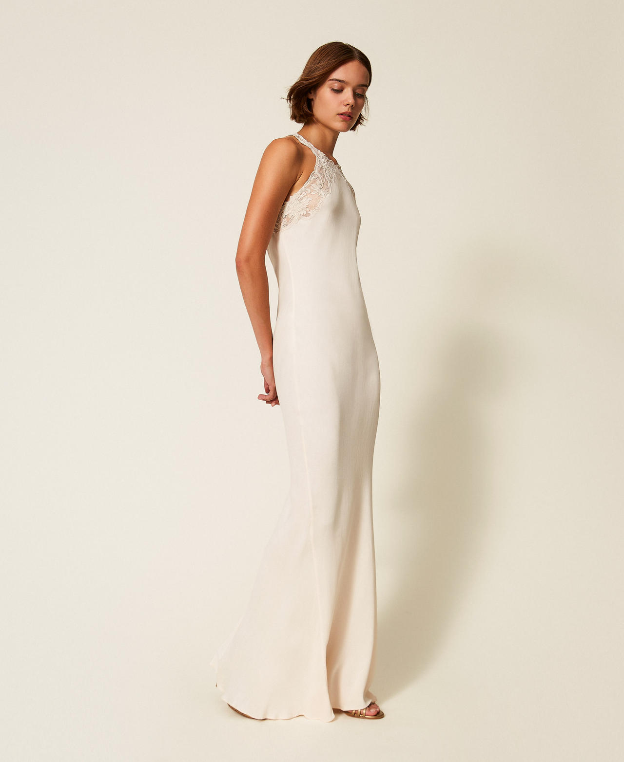 Long satin halter dress with embroidery Light Natural Woman 252TT2240_12227_02