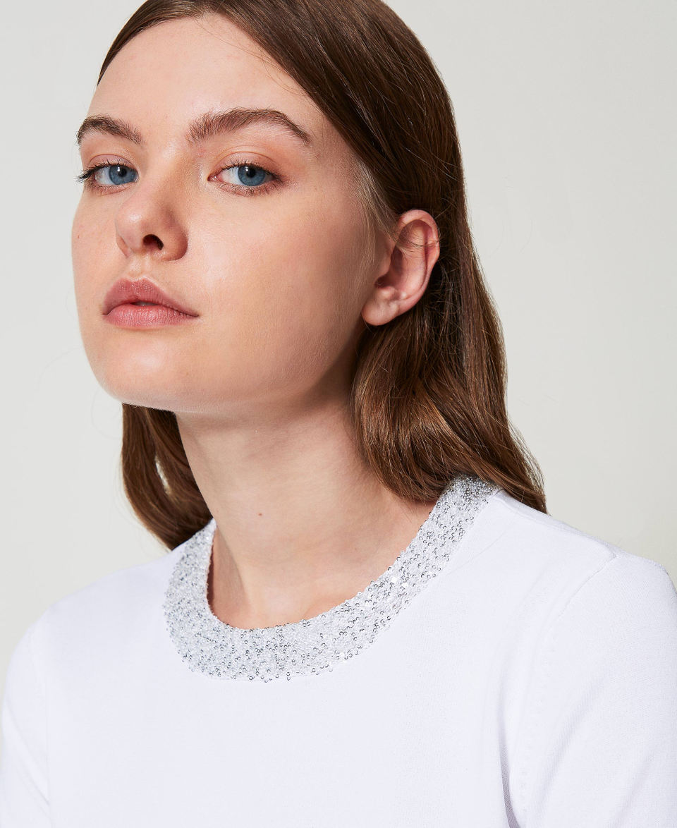 Fitted jumper with sequins "Papers" White Woman 251AP3132_00840_03