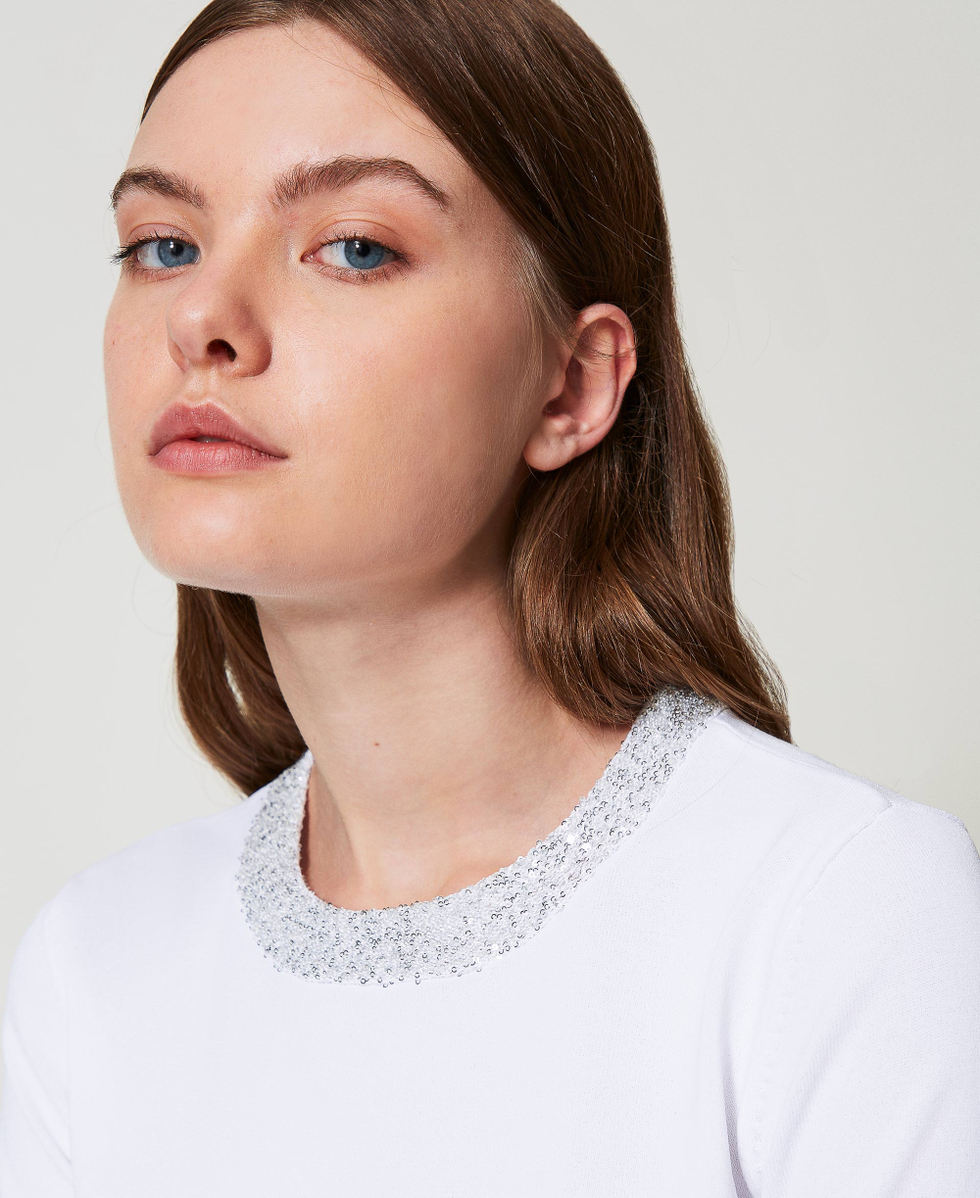 Pull ajust&eacute; avec sequins Blanc "Papers" Femme 251AP3132_00840_03