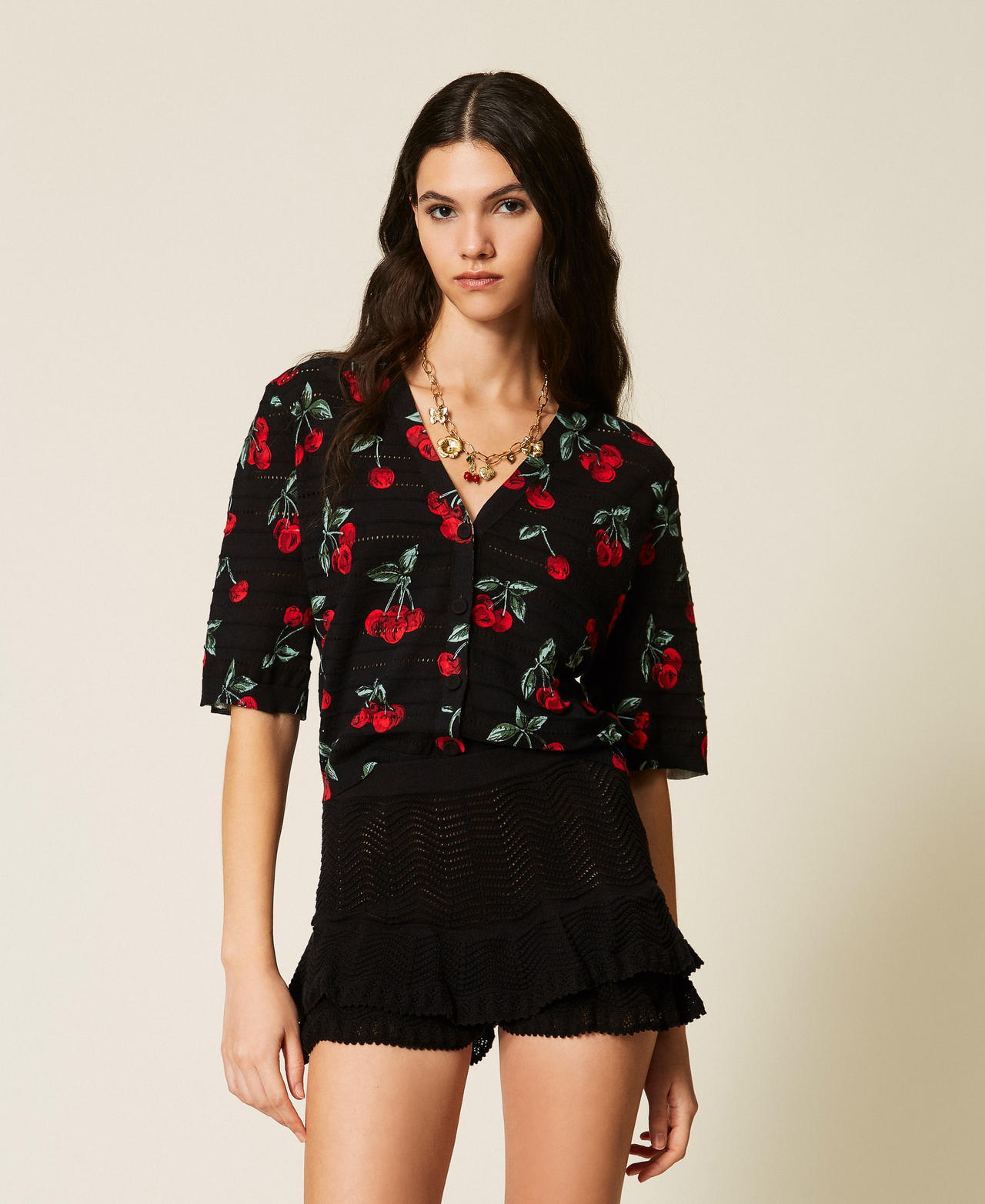 Cherry print cardigan Black/Red Cherries Allover Woman 261TT3270_13500_01