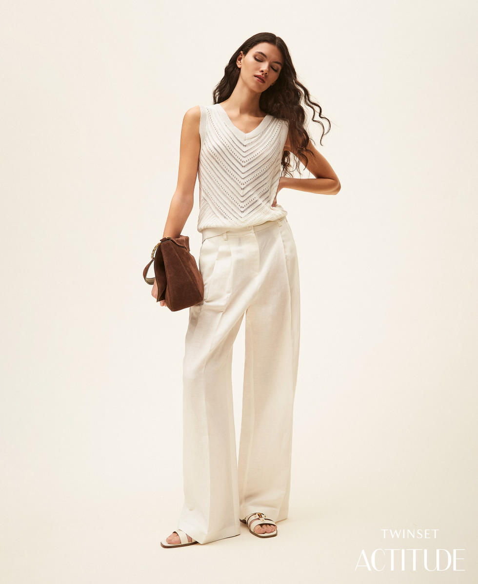 Pantalones palazzo de mezcla de lino Milk Mujer 261AP2324_12577_PA
