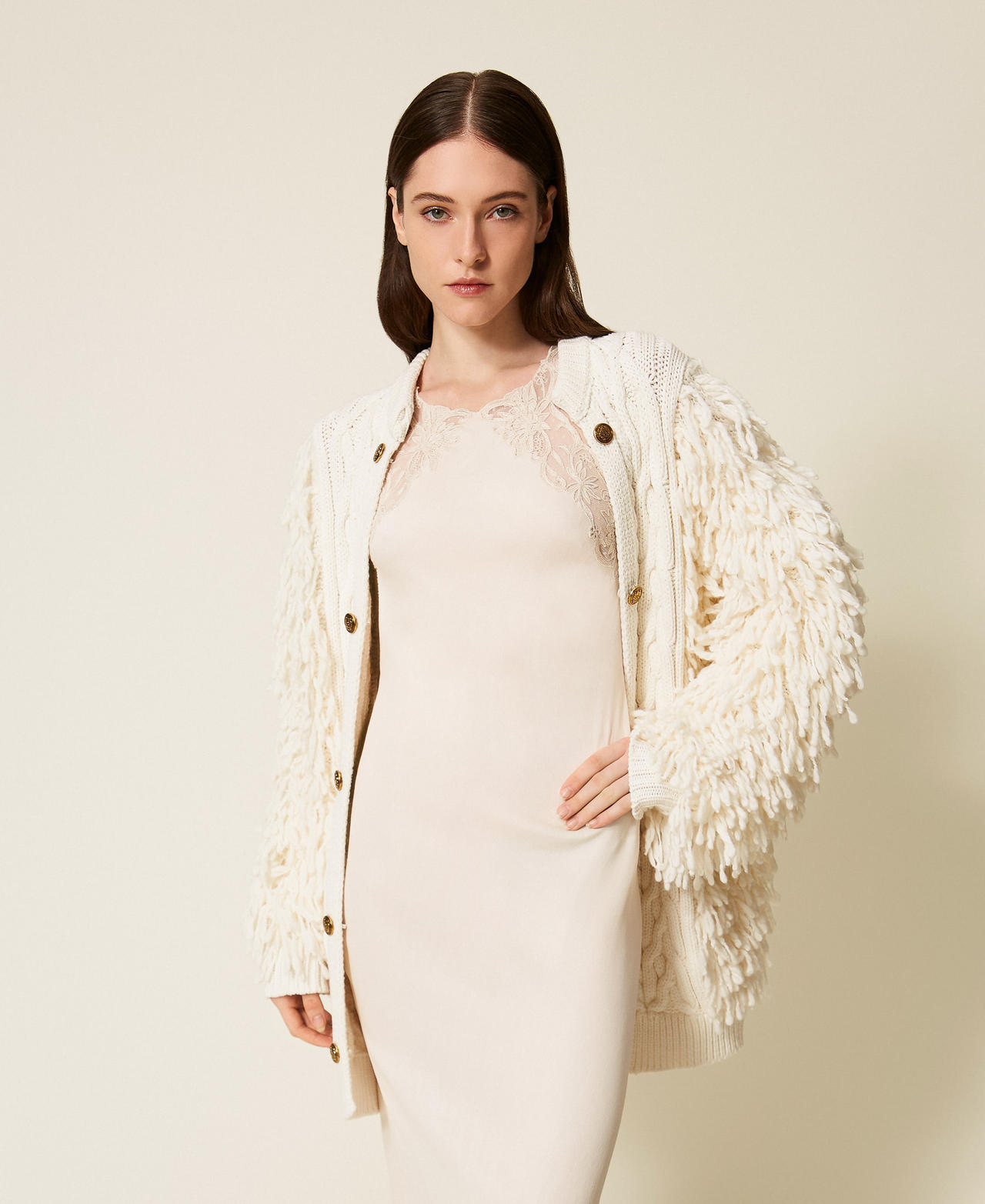 Cardigan aus Wollmischung mit Zopfmuster Weiß Schnee Frau 252TS3300_00282_01