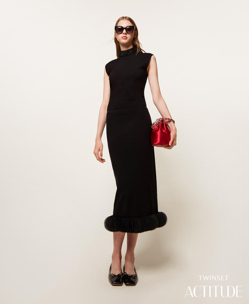 Midi knit skirt with organza Black Woman 252AP3013_00006_PA