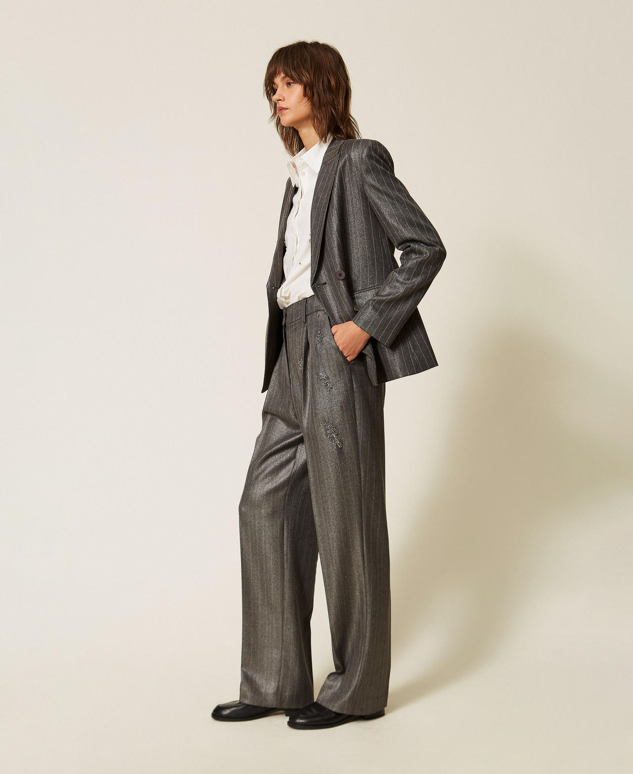 TWINSET - Pantalon palazzo rayé avec broderie, Femme, Gris Anthracite Enduit, M