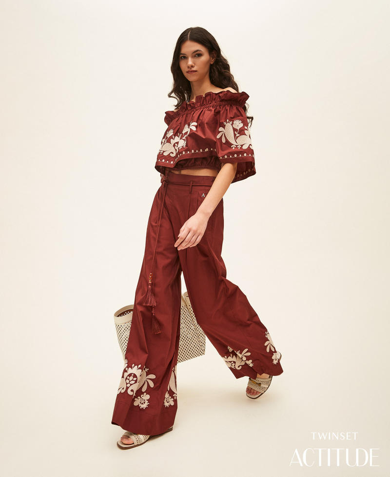 Poplin palazzo trousers with embroidery Brown Red Clay Woman 261AT2043_00260_PA