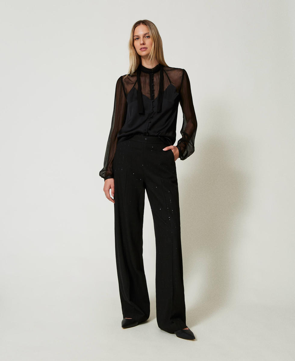 Chemise en satin et mousseline Noir Femme 242TT2181_00006_T0