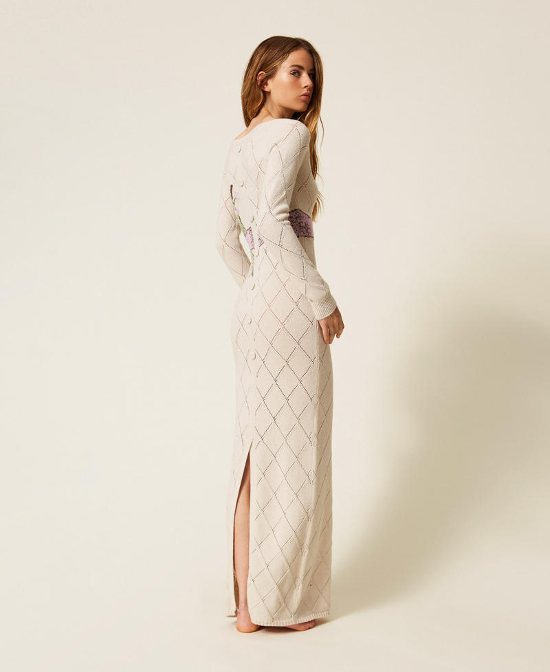 Long Treeblend yarn dress with inlay Pale Cream Woman 252TP3340_00522_03