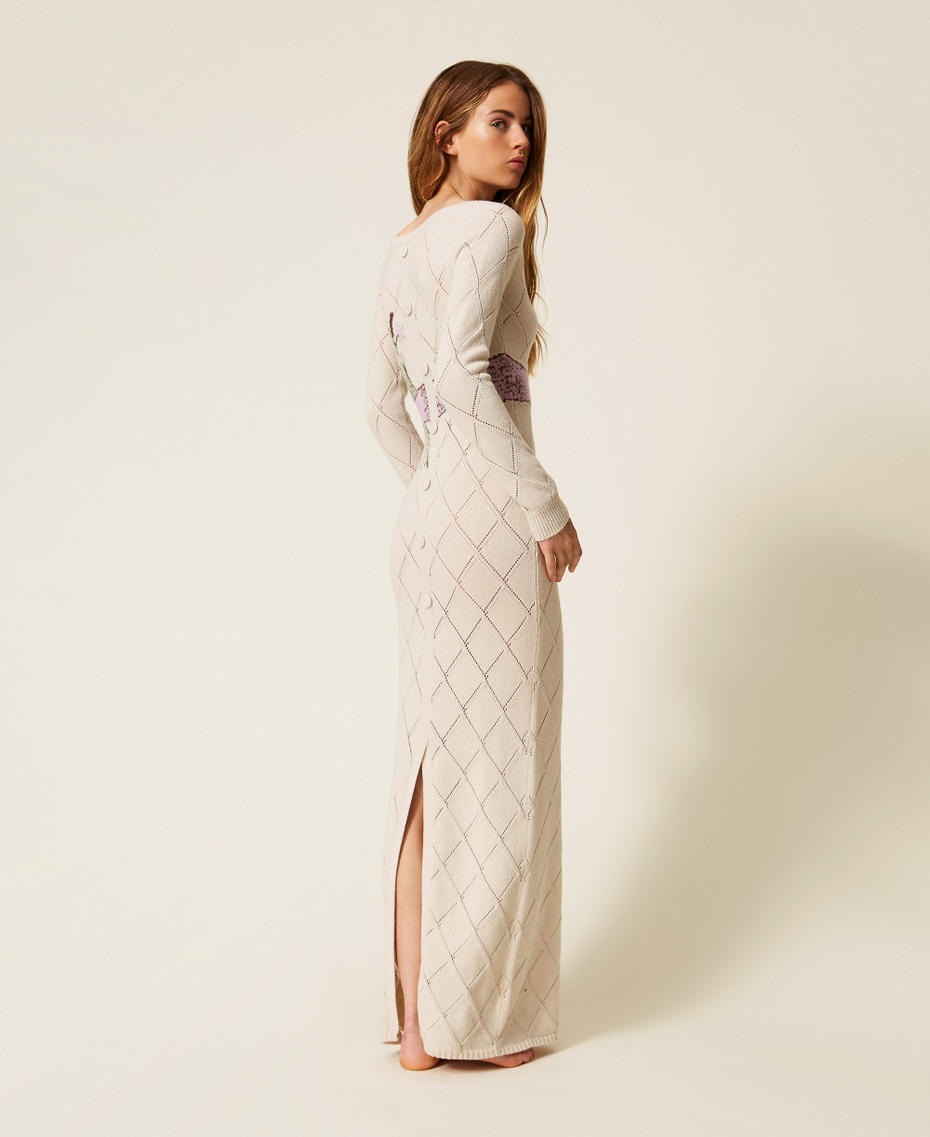 Long Treeblend yarn dress with inlay Pale Cream Woman 252TP3340_00522_03