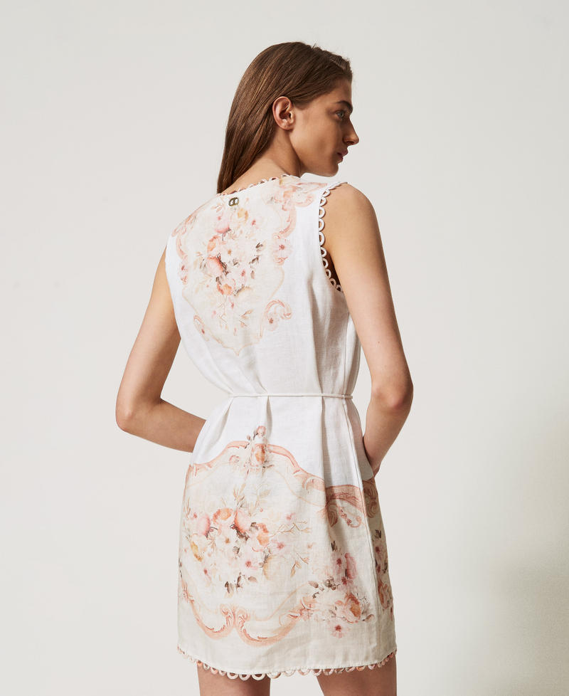 Short dress in printed linen Flowers Tapestry Dusty Coral Shade Print Woman 251TT2441_12527_03