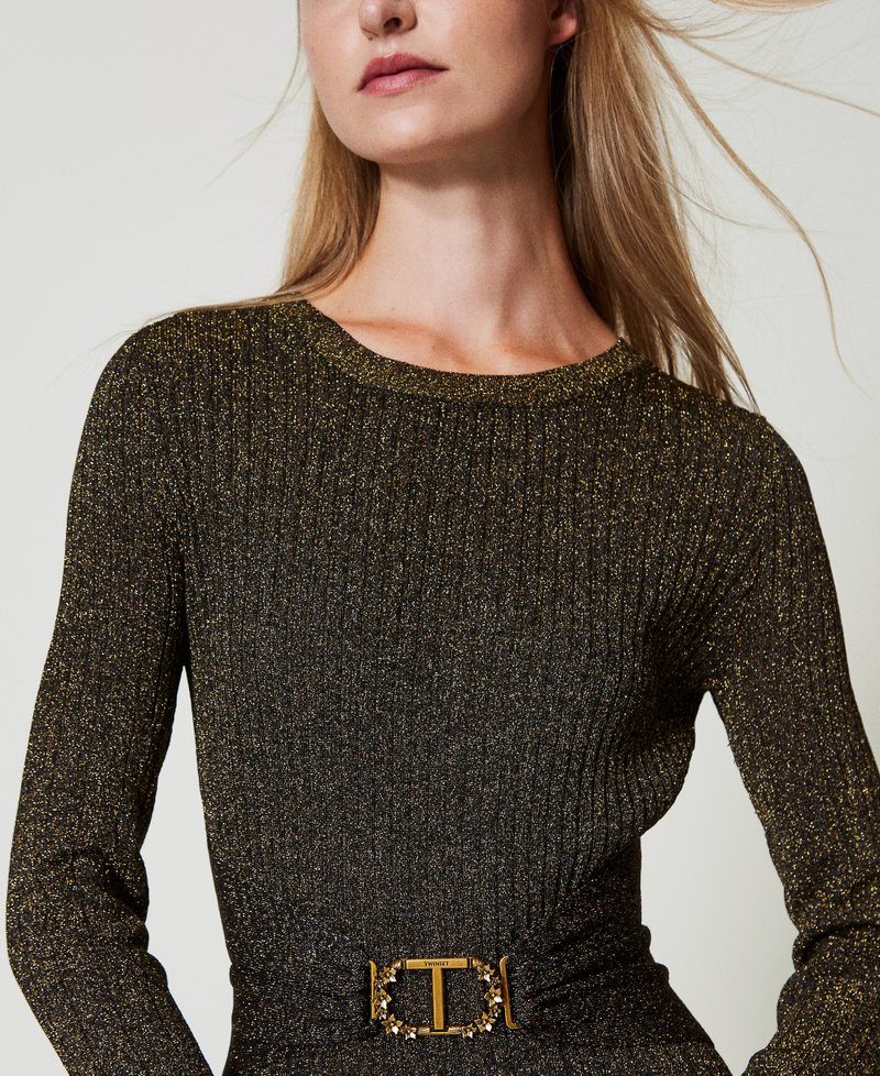 Long rib knit dress with Oval T belt Two-tone Black / Dark Gold Woman 242TT3460_12028_05
