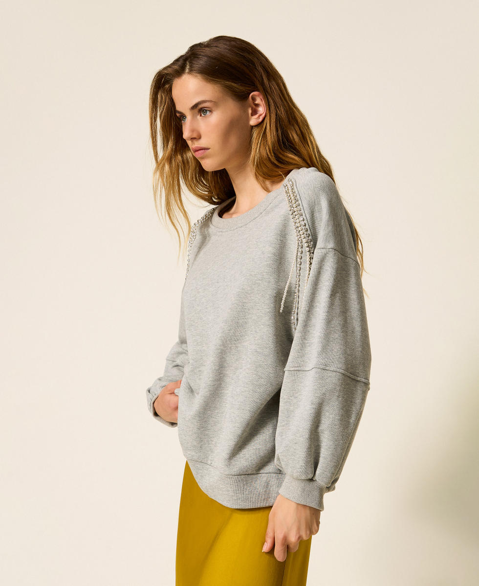 Sweatshirt with rhinestone and pearl chains Woman, Grey