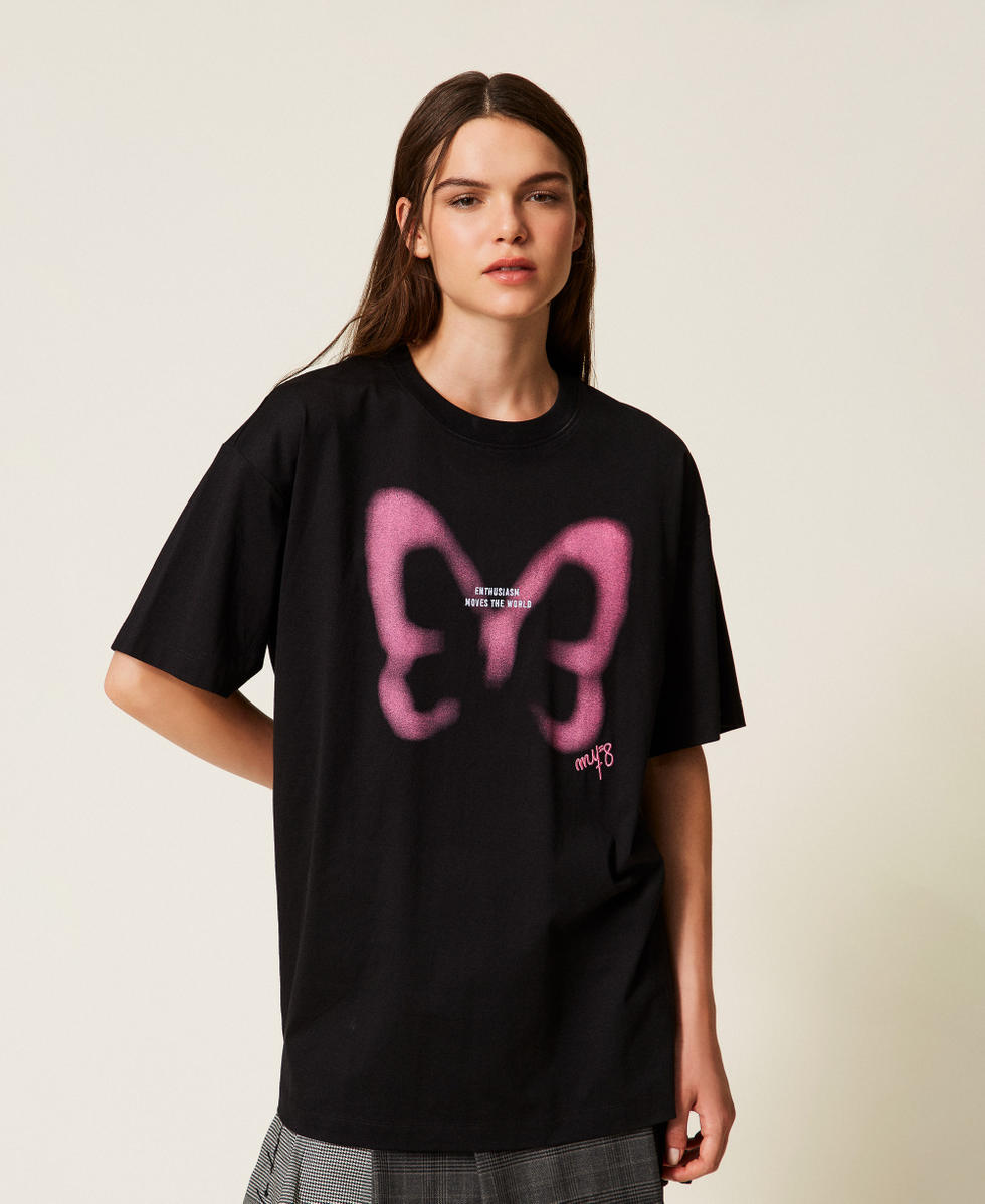 T-shirt oversize MYFO avec imprimé Noir/Rose « Pink Butterfly » Femme 252AQ2120_12887_04