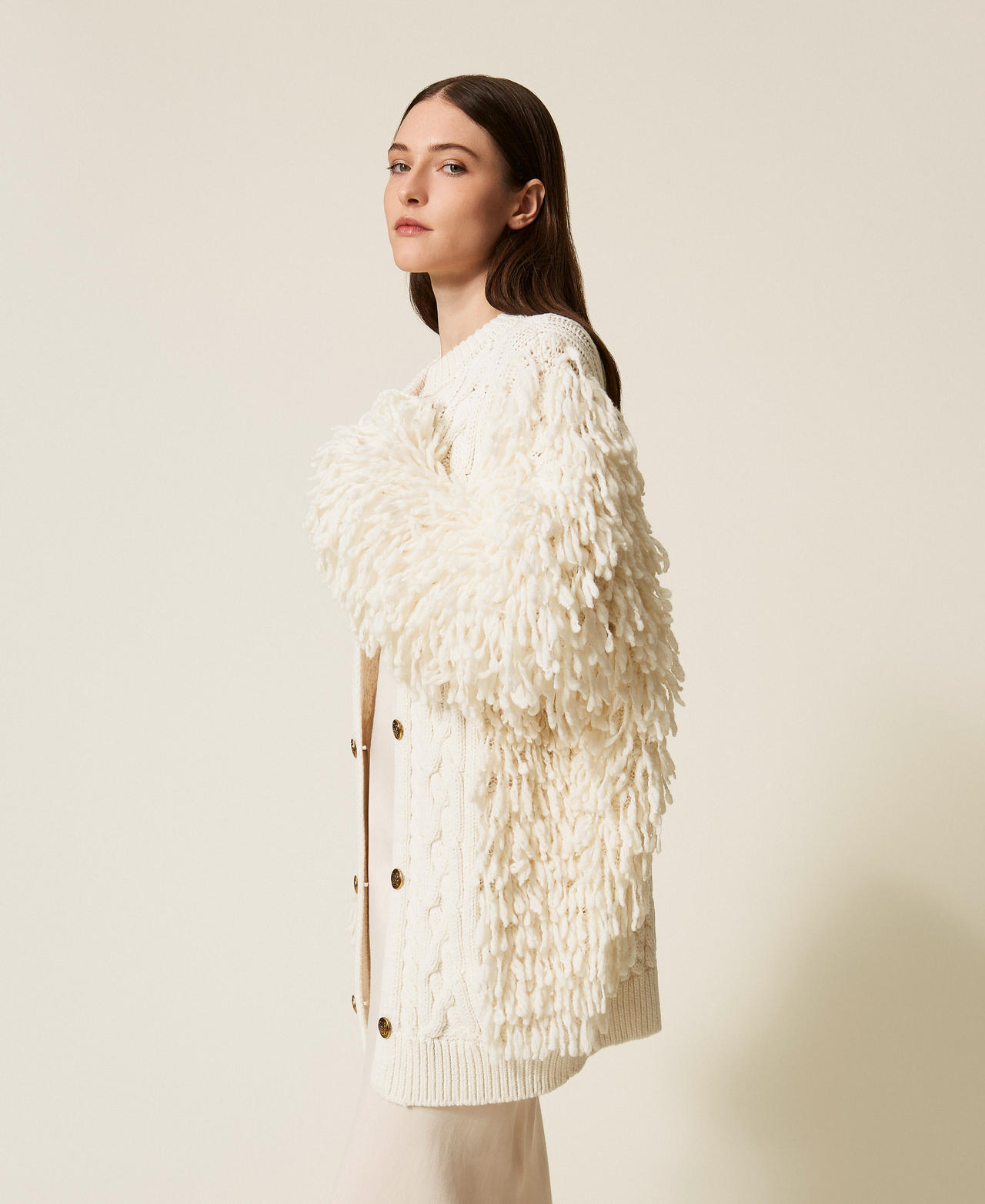 Cardigan aus Wollmischung mit Zopfmuster Weiß Schnee Frau 252TS3300_00282_02