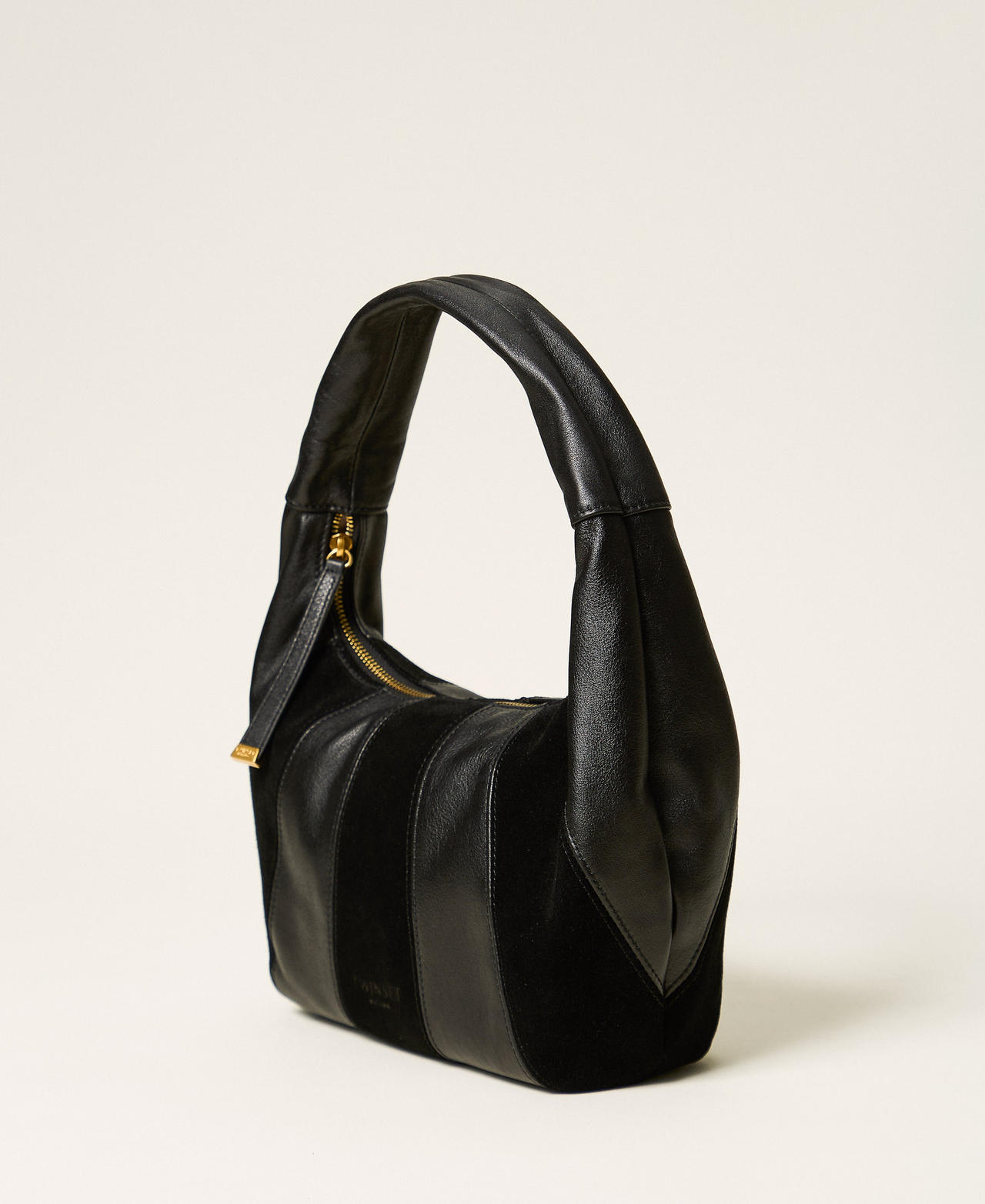 Hobo-Tasche aus Veloursleder und Leder Schwarz Frau 262TD8201_00006_02