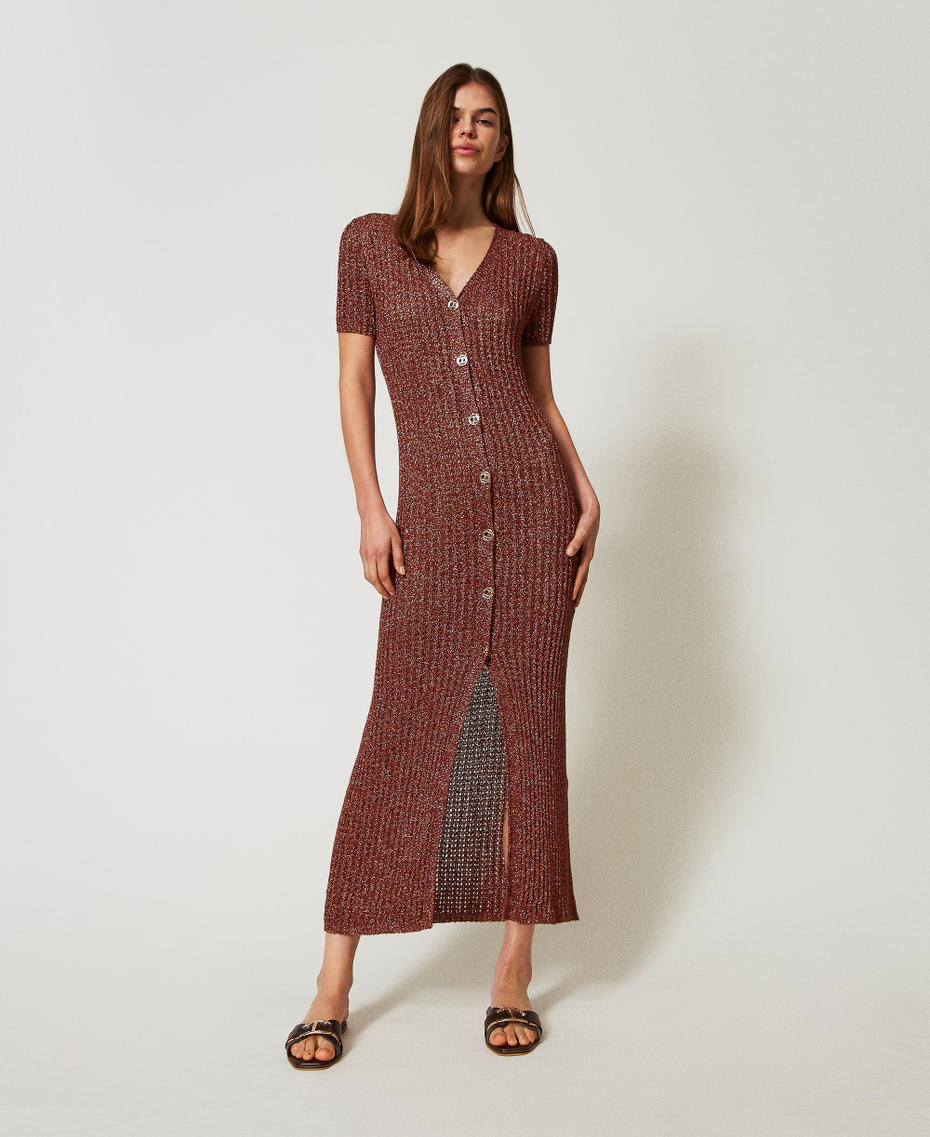 Long cardigan-dress in a lurex knit Amber Brown Lurex Woman 251TT3190_12450_01